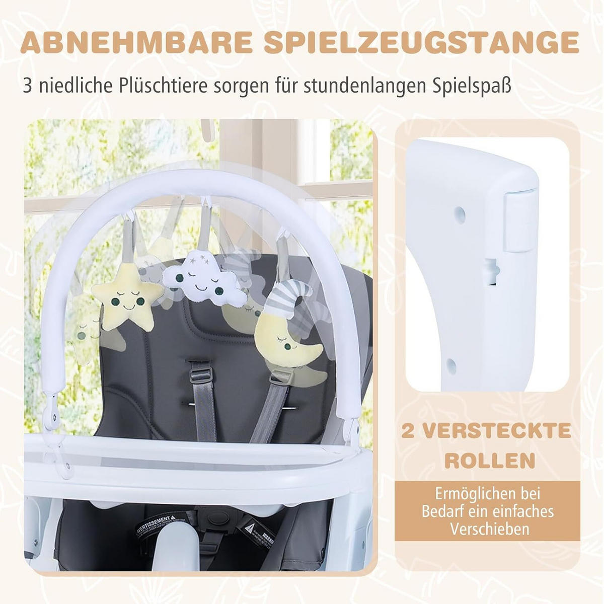 BABYSTUHL mit Spielbügel & Rollen dunkelgrau - Dunkelgrau, Metall (72/90.5/54cm) - COSTWAY