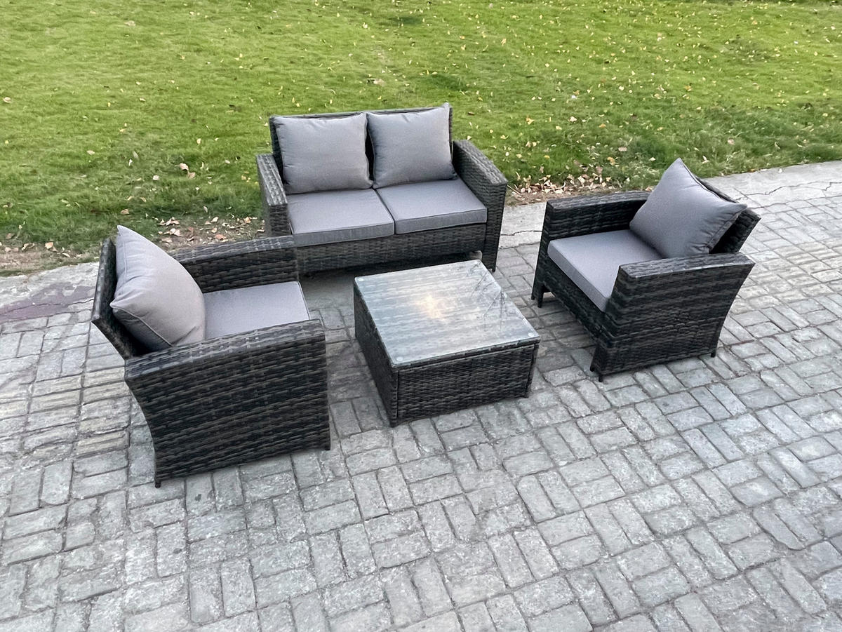 GARTEN-LOUNGE-SET MIT STUHL COUCHTISCH DOPPELSITZ-SOFA Polyrattan Dunkelgrau Gemischt 4-Sitzer - Dunkelgrau, Metall - Fimous