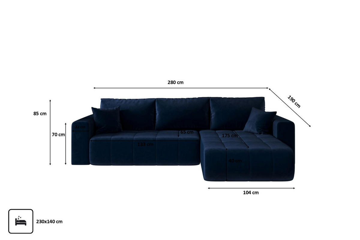 ECKSOFA mit schlaffunktion und bettkasten MILO, stoff MONOLITH, Dunkelblau, Rechts - Dunkelblau, Holz (280/190cm) - Kaiser Möbel