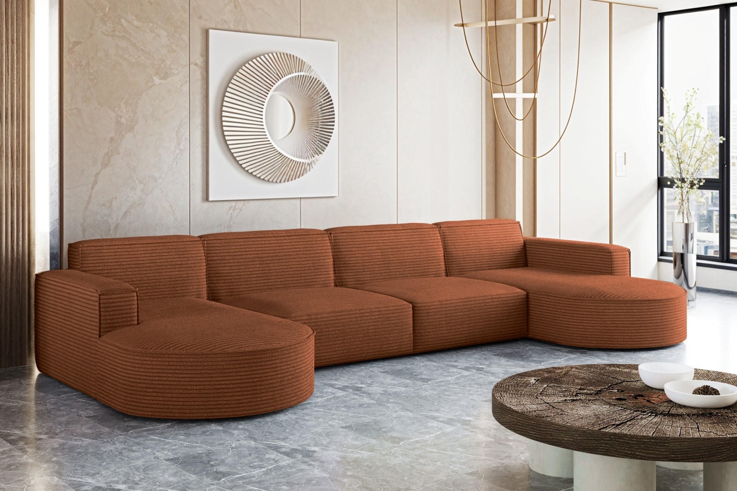 ECKSOFA U-Form XL Designer MODENA stoff Dicker Cord Poso Ziegel - Orange, Holz (165/382cm) - Kaiser Möbel