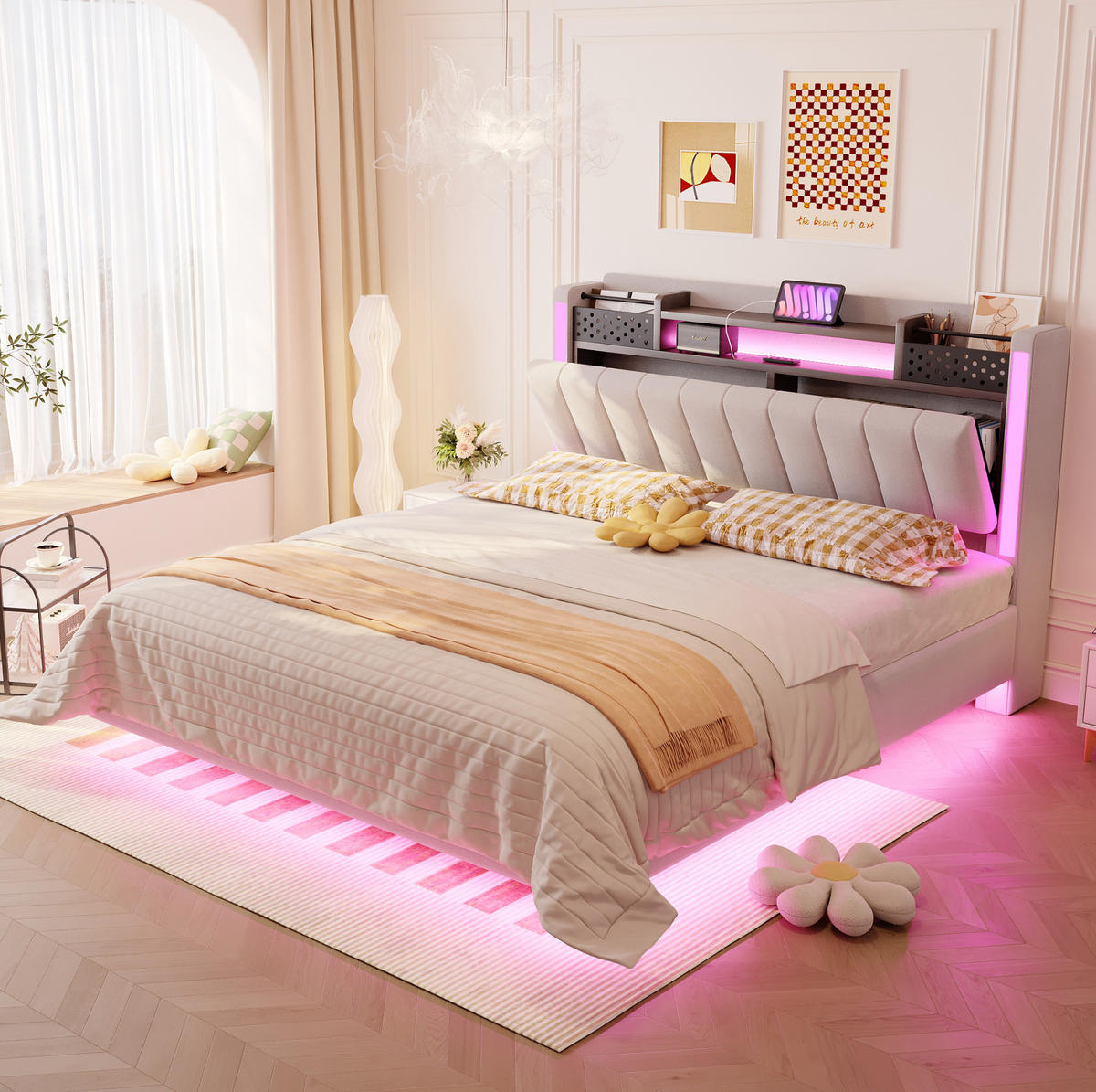 POLSTERBETT 140/200 cm Beige aus Leinenstoff mit LED-Beleuchtung und USB-Anschluss - Beige, Textil (140/200cm) - OKMYHOME