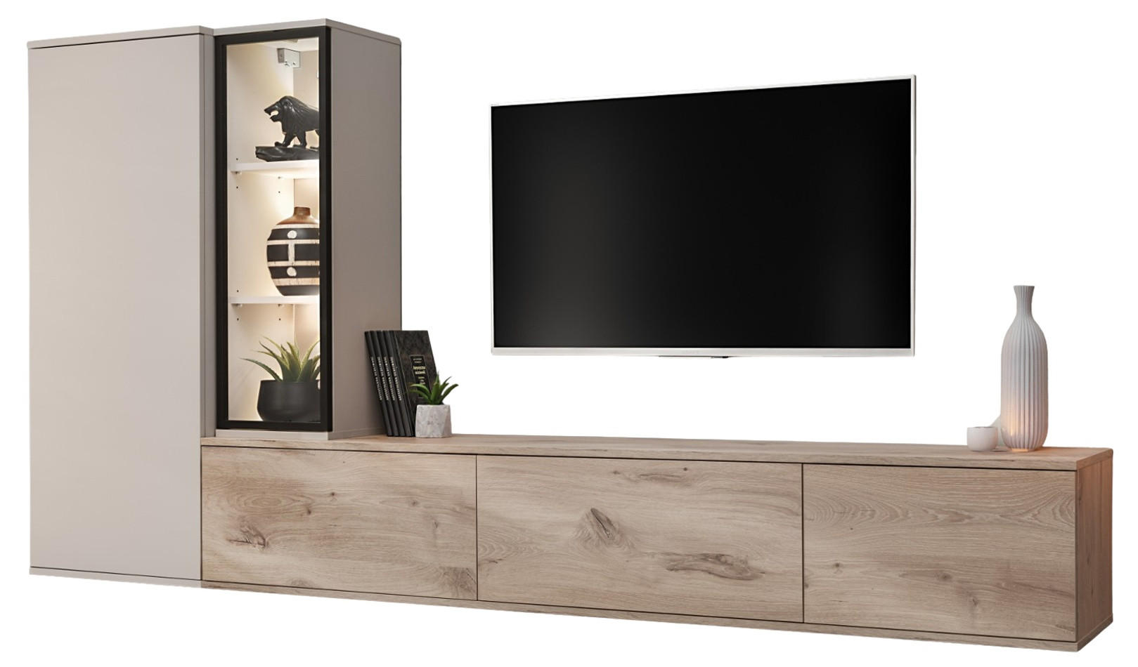 WOHNWAND Eiche, Kaschmir hängend 240 cm, Schrankwand mit Push-to-Open inklusive Beleuchtung - Kaschmir/Eichefarben, Glas/Holzwerkstoff (240/125/35cm) - Furn.Design