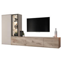 WOHNWAND Eiche, Kaschmir hängend 240 cm, Schrankwand mit Push-to-Open inklusive Beleuchtung - Kaschmir/Eichefarben, Glas/Holzwerkstoff (240/125/35cm) - Furn.Design