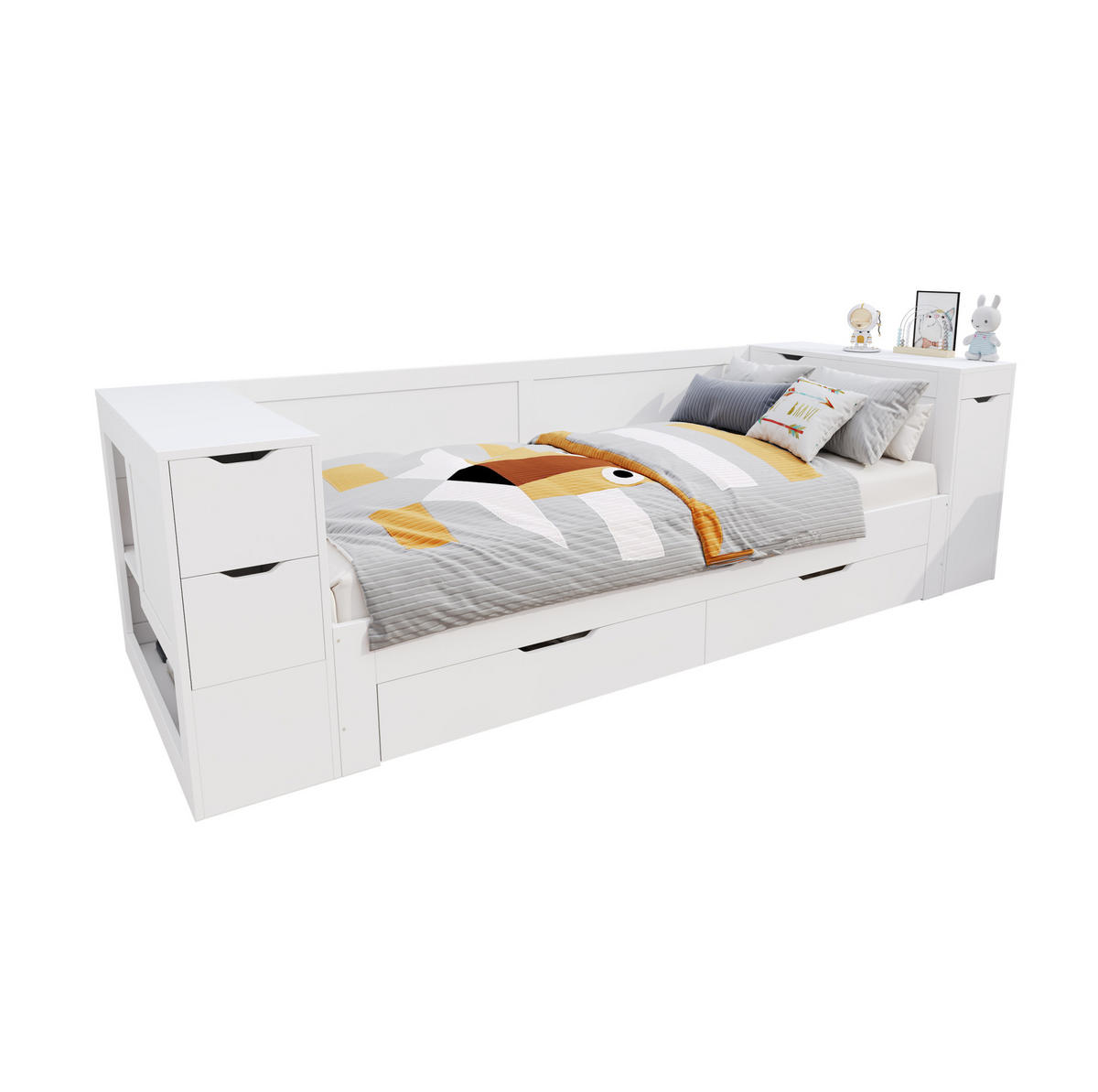 DETSKÁ posteľ 90/200 cm biela s úložným priestorom a nočným stolíkom z MDF - biela, kompozitné drevo (90/200cm) - OKWISH