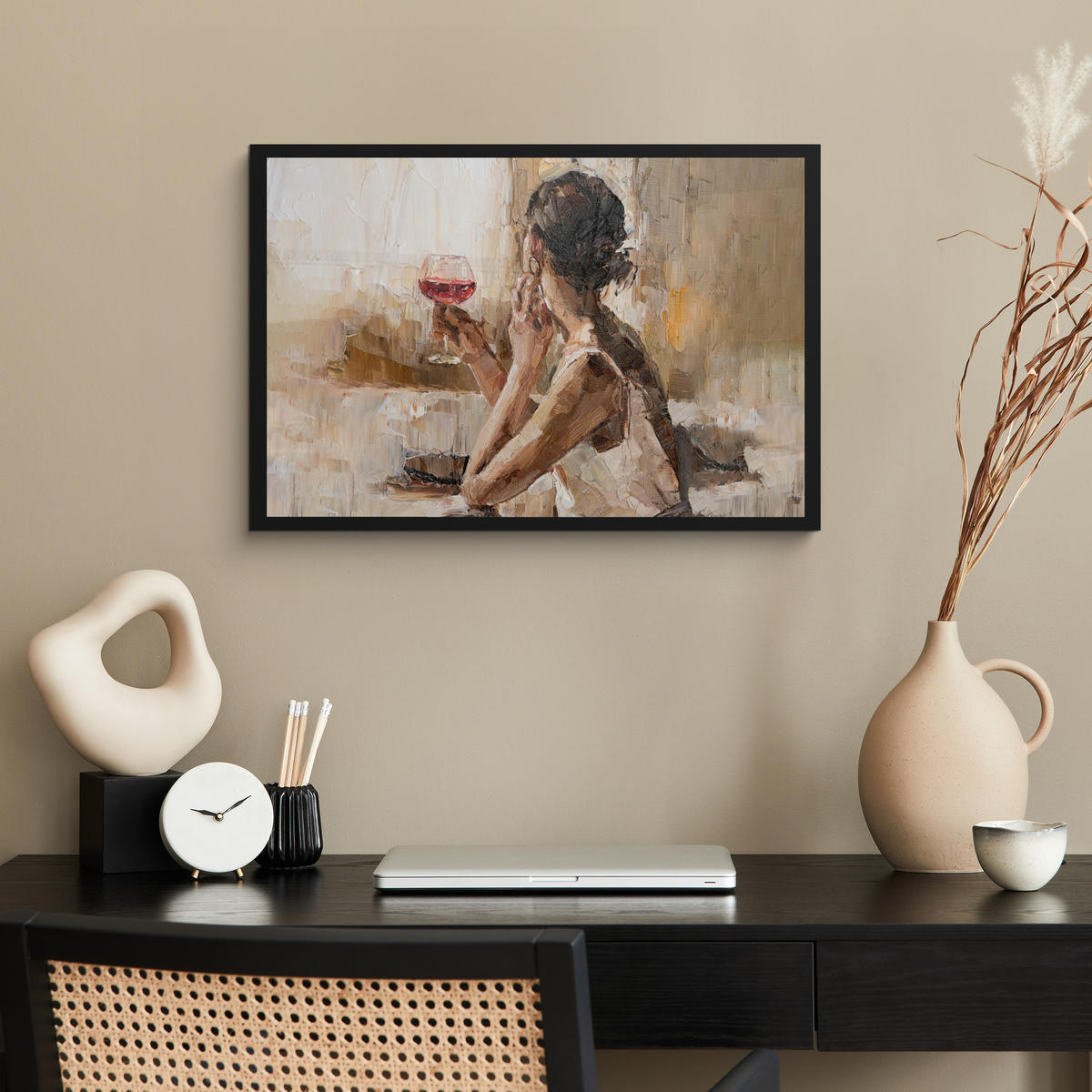 ZARÁMOVANÝ PLAGÁT Olejomaľba - Žena - Víno 60x40 cm - svetlohnedá, papier (60/40cm) - MuchoWow