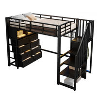 HOCHBETT Metall/MDF 90x200 cm Schwarz mit 8 Schubladen, Treppe, Kleiderschrank und LED - Schwarz, Holzwerkstoff (90/200cm) - Modfu