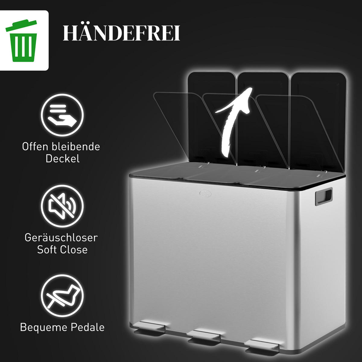 MÜLLEIMER 3x20L Abfalleimer aus Edelstahl mit Softclose Deckel Deodorant-Fächern - Silberfarben, Metall (36.6/56.7/61.9cm) - HOMCOM