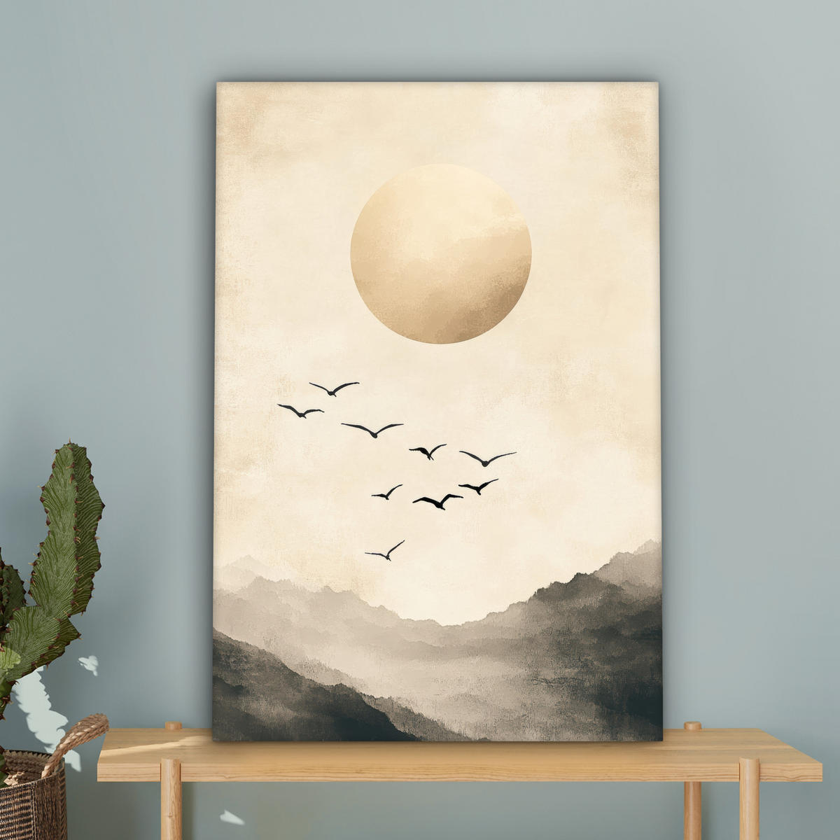 LEINWANDBILD Landschaft - Japandi - Vogel Wanddeko 40x60 cm - Beige, Textil (40/60cm) - MuchoWow