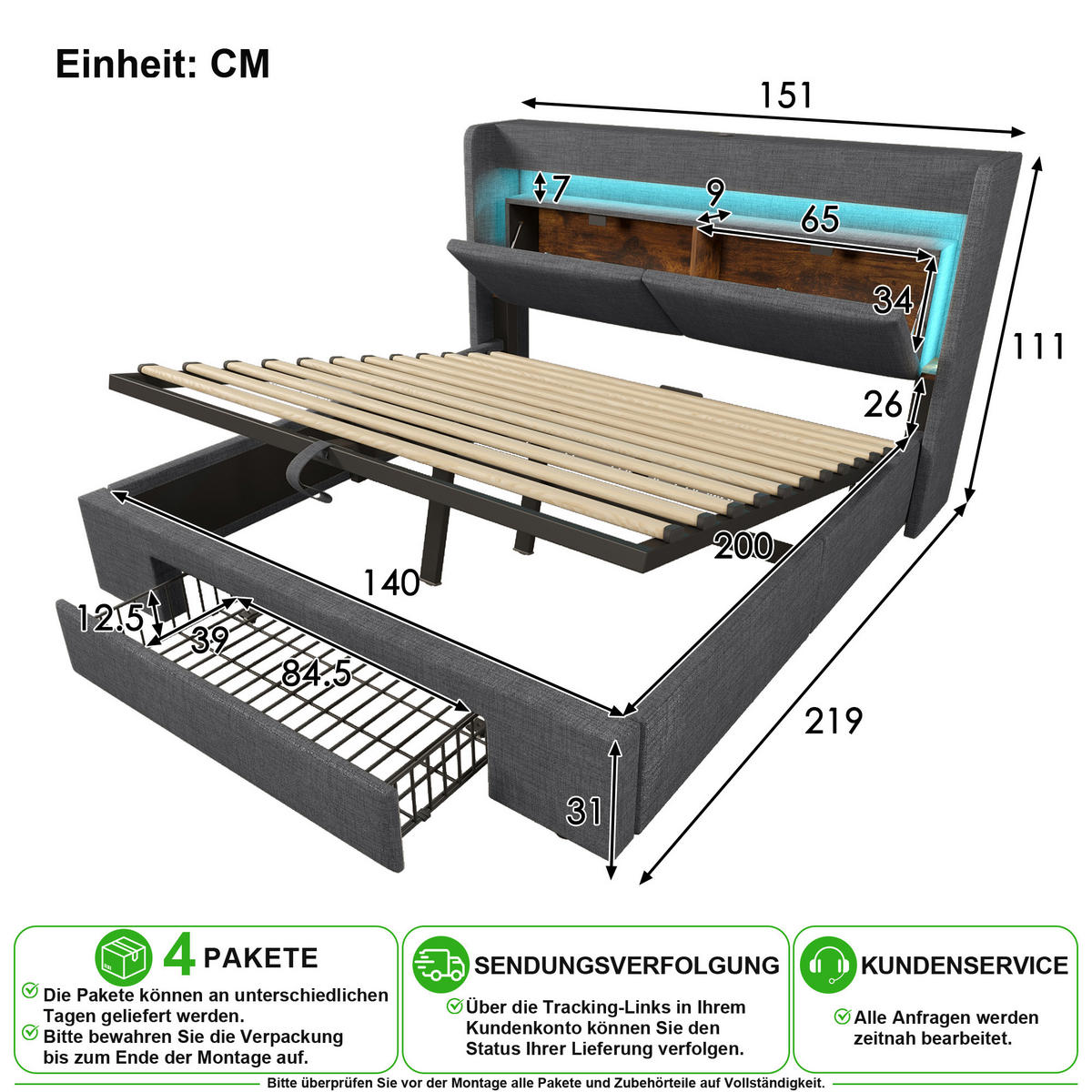POLSTERBETT 140/200 cm in Grau Leinen mit Schublade, LED, USB und Matratze - Grau, Holzwerkstoff/Textil (140/200cm) - CHICFURN