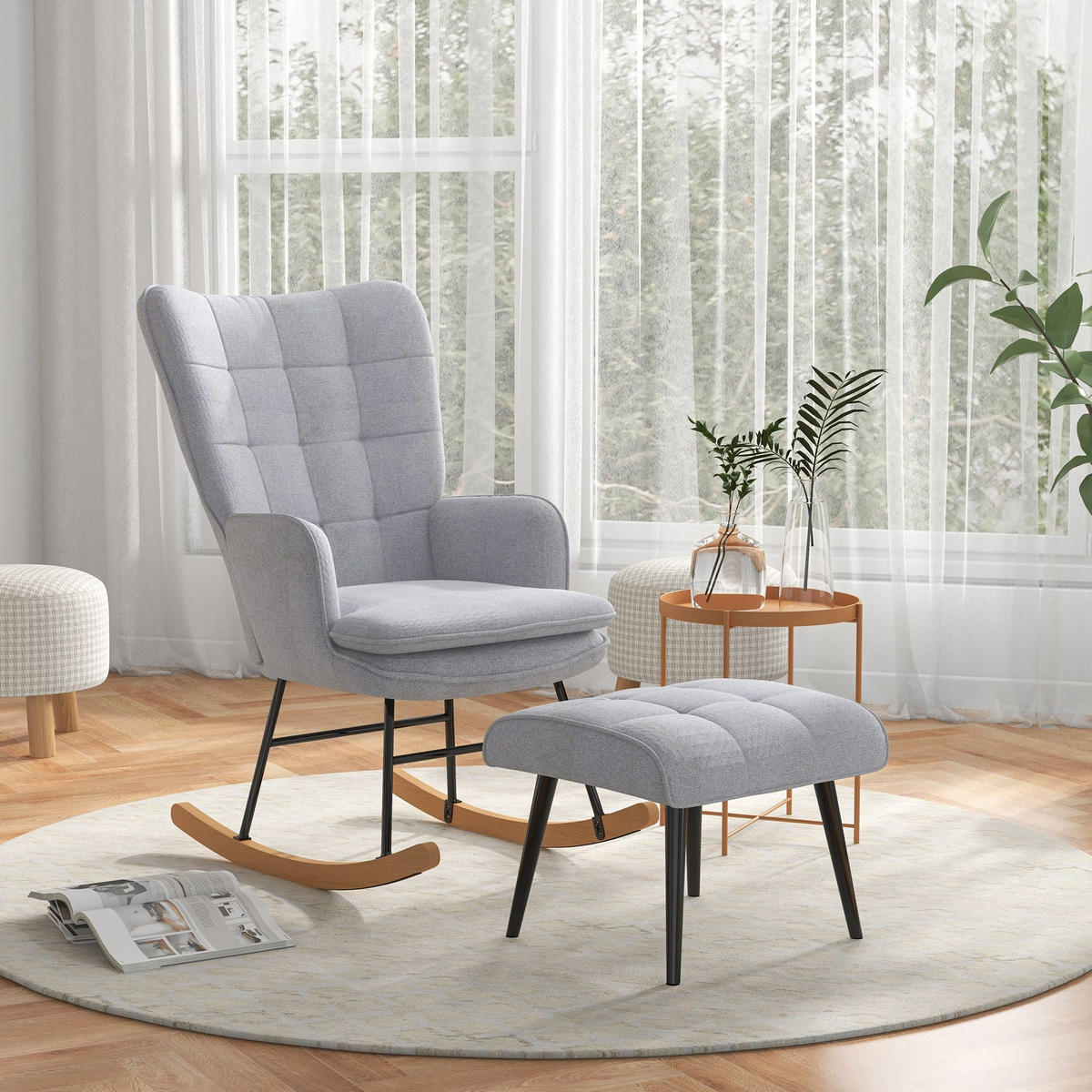 SCHAUKELSTUHL Hellgrau mit Hocker, Leinenoptik - Hellgrau, Textil (89/90/64cm) - Oxeza