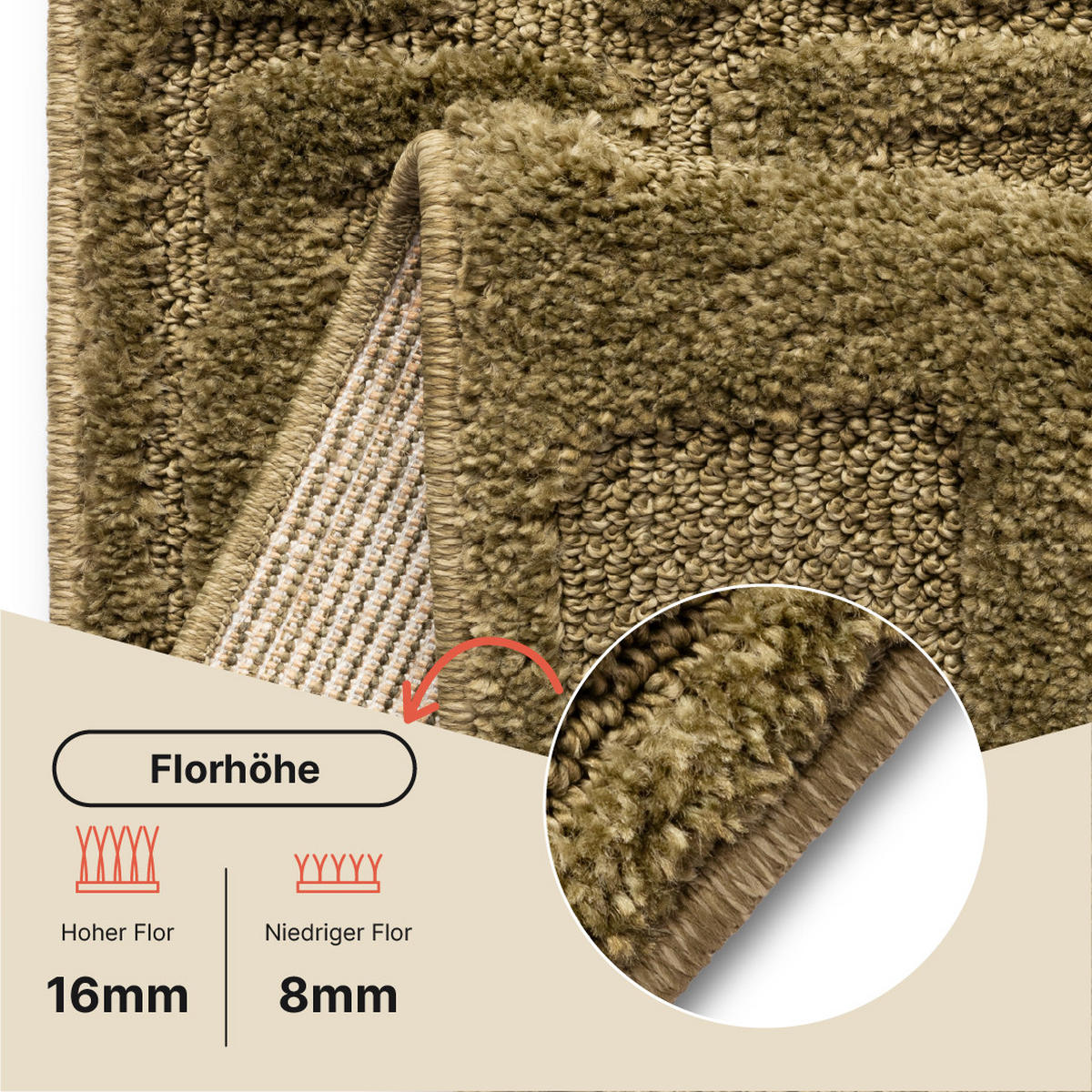 KURZFLORTEPPICH RELIEVO oliv grafisch 3D-Struktur 200/300 cm - Olivgrün, Textil (200/300cm) - Tapiso