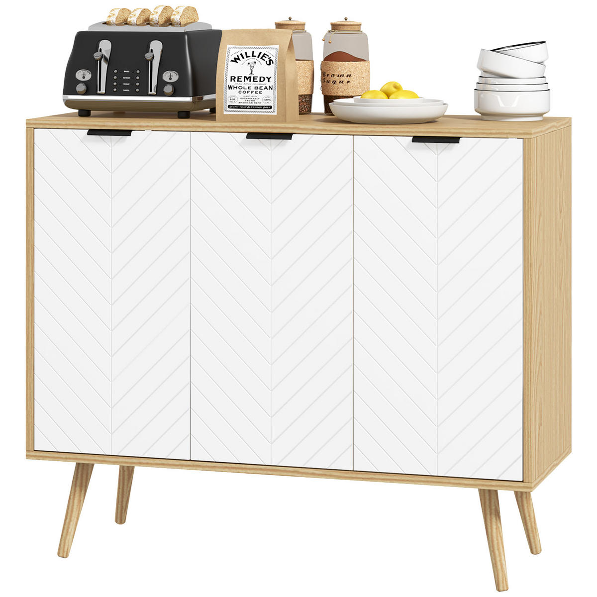 SIDEBOARD DE-11148 Chevron-Muster, 2 Türen Naturholz - Naturfarben, Holzwerkstoff (91.5/77.4/35cm) - ComfortXL