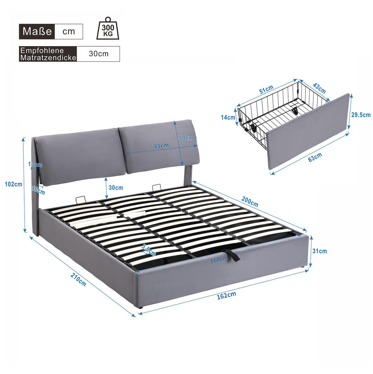 POLSTERBETT 160/200 cm Grau Samt mit hydraulischem Bettkasten und 3 Schubladen - Grau, Textil (160/200cm) - OKWISH