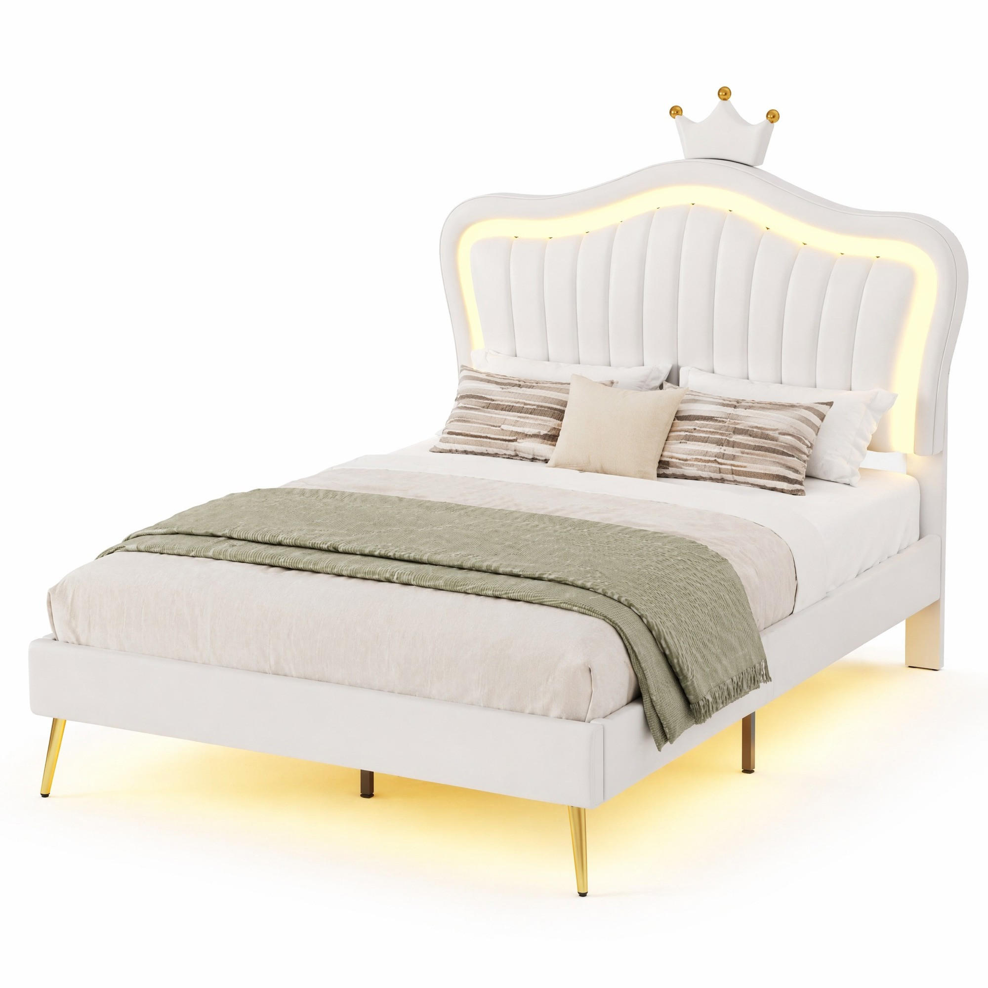KINDERBETT 90/200 cm in Weiß mit LED und verstellbarem Kopfteil im Muschel-Design - Weiß, Holzwerkstoff/Textil (90/200cm) - CHICFURN