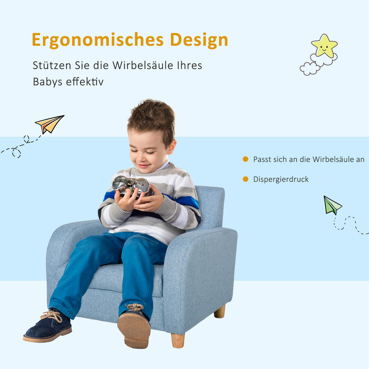 KINDERSOFA, Blau, Holz, Leinen - Blau, Holz (45/44.5/49cm) - HOMCOM