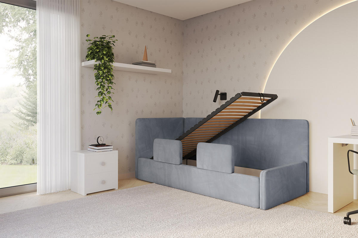 EINZELLBETT Jugendbett mit Bettkasten, Rechts - NORY 100x200 Grau - Blaugrau, Holzwerkstoff/Textil (100/200cm) - ALTDECOR