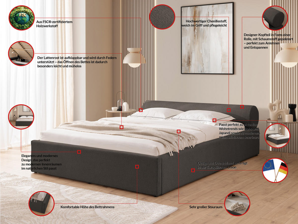 POLSTERBETT 160/200 cm Josy im Designer-Look mit Bettkasten und Lattenrost aus Anthrazit Chenille-Stoff - Anthrazit/Schwarz, Holz/Kunststoff (160/200cm) - S-Style Möbel