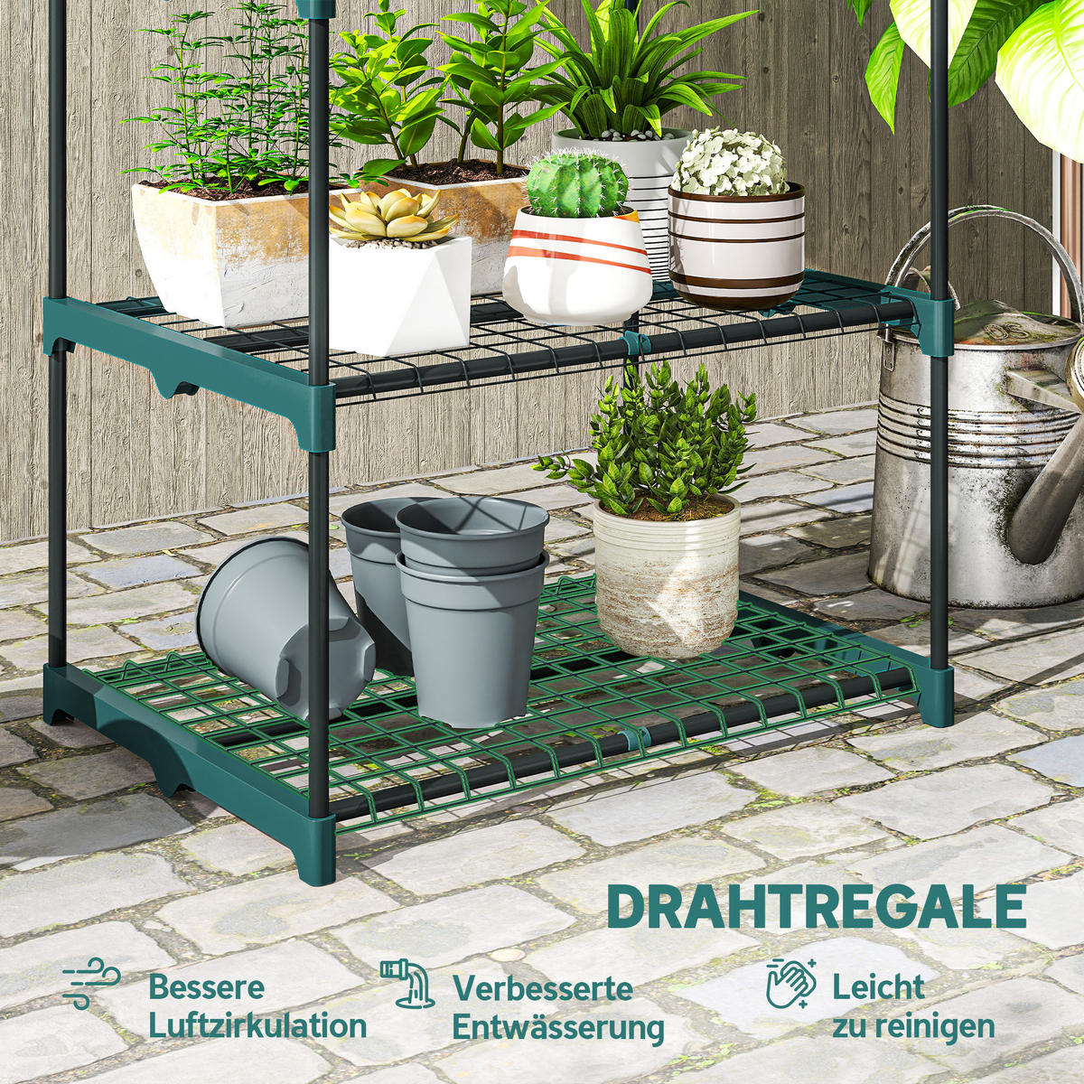 3-ETAGEN Pflanzenständer, 72 cm hoch Blumenständer für Innen Außen, Dunkelgrün - Dunkelgrün, Metall (49/72/68cm) - Outsunny