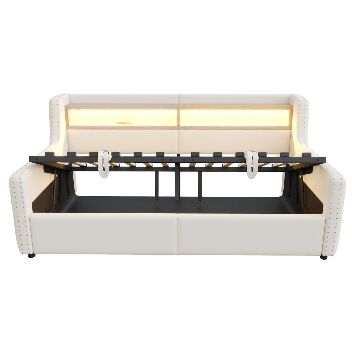 SCHLAFSOFA 90/200 cm mit LED, USB-C, Steckdose, Bettkasten und Lattenrost, Samt, Beige - Beige, Textil (104/81/216cm) - Redom