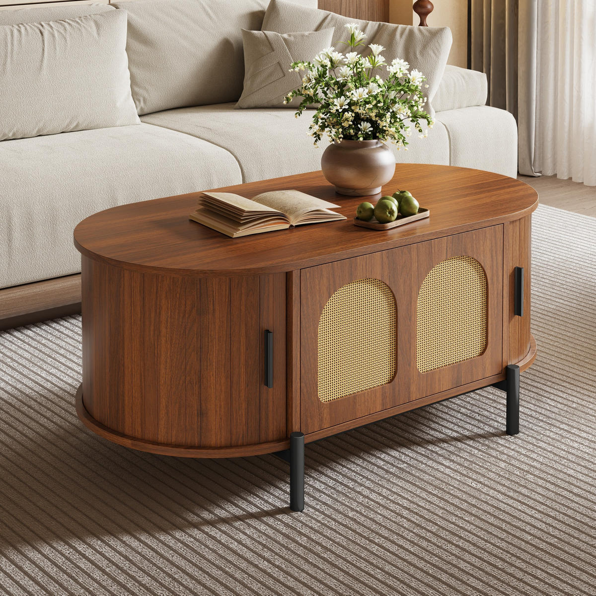 COUCHTISCH oval Rattan Holzoptik - Walnussfarben, Holzwerkstoff (50/100/40cm)