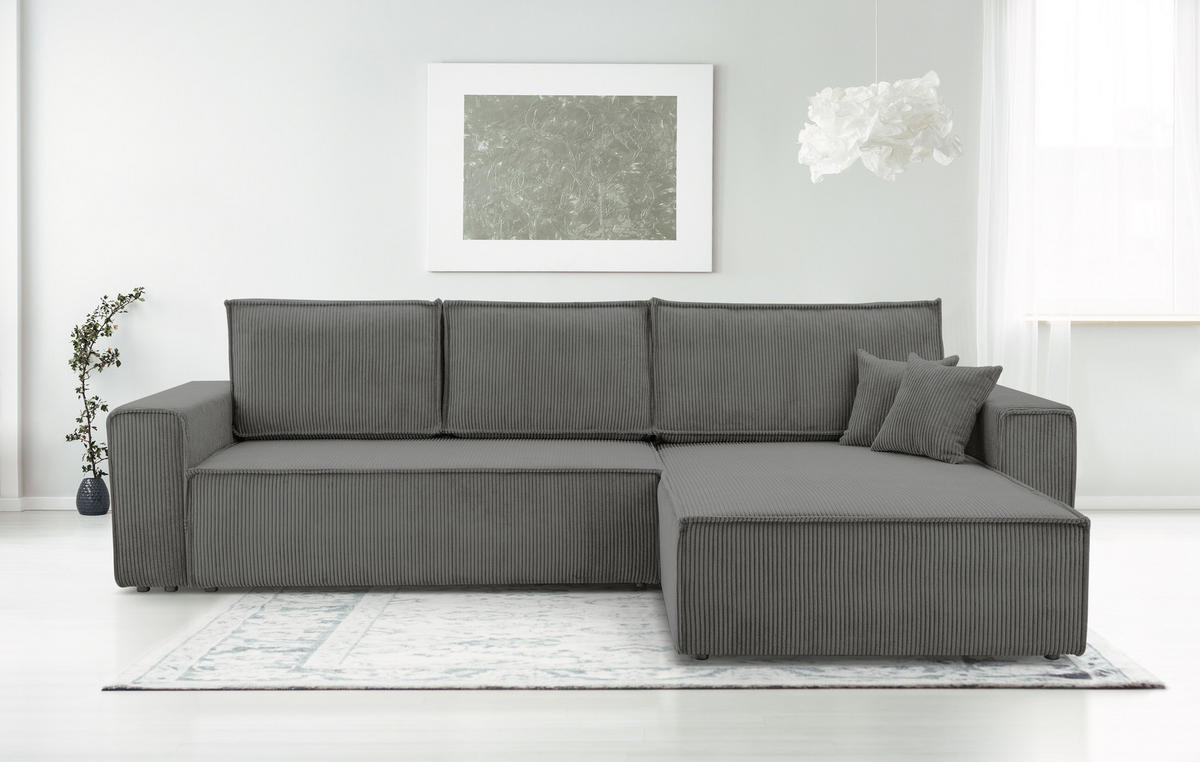 ECKSOFA L Form Cedria Grey 287/145/85 cm mit Schlaffunktion - Schwarz/Grau, Kunststoff/Textil (287/145cm) - AX Living