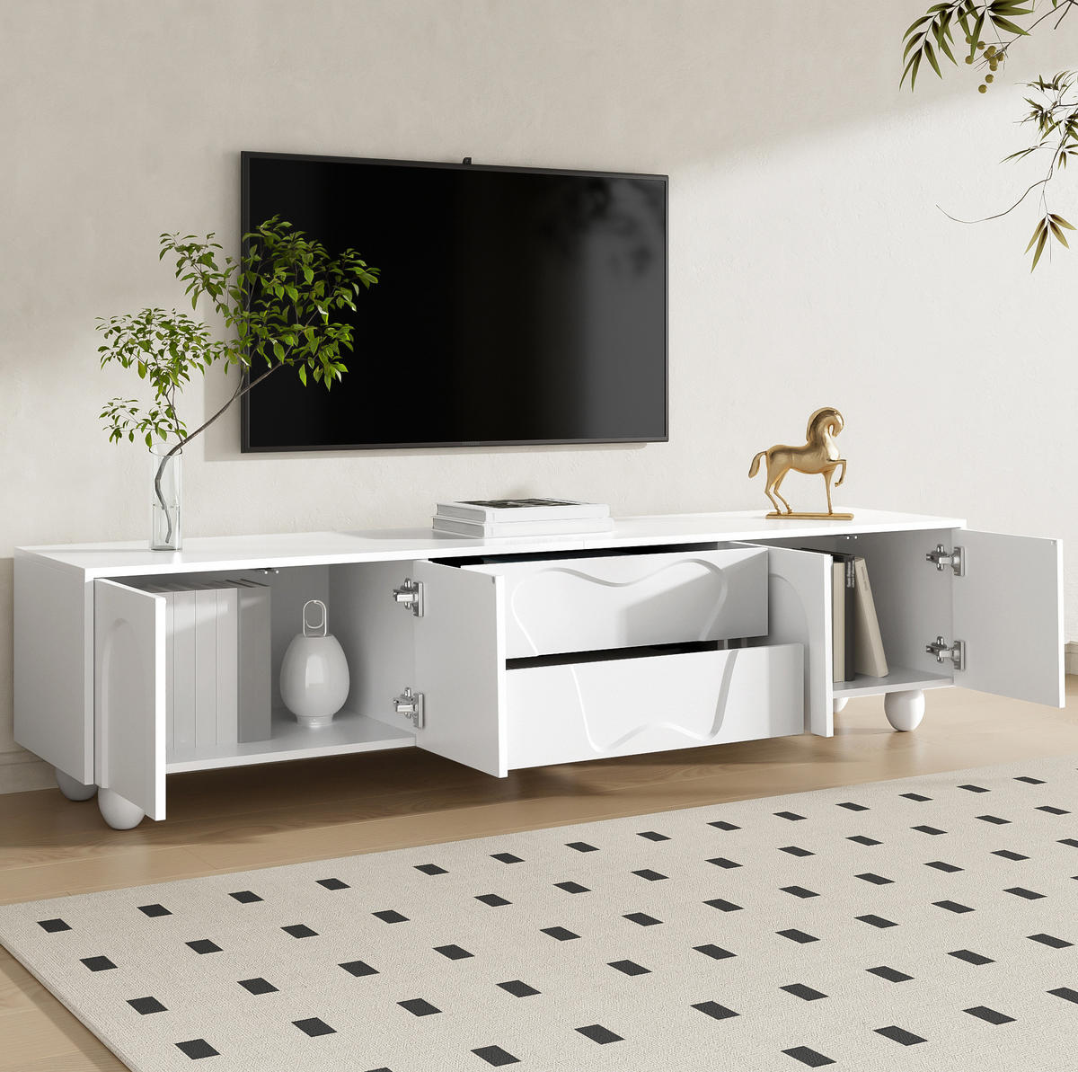 TV-LOWBOARD 180/40/42 cm in Weiß mit Schubladen und Massivholzbeinen - Weiß, Holzwerkstoff (180/42/40cm) - BEAOK