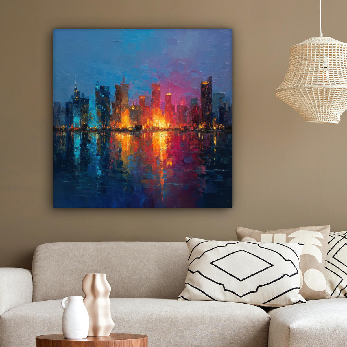 LEINWANDBILD Skyline - Pinselstriche - Dunkelblau - Leuchtend Deko Groß 90x90 cm - Blau, Textil (90/90cm) - MuchoWow