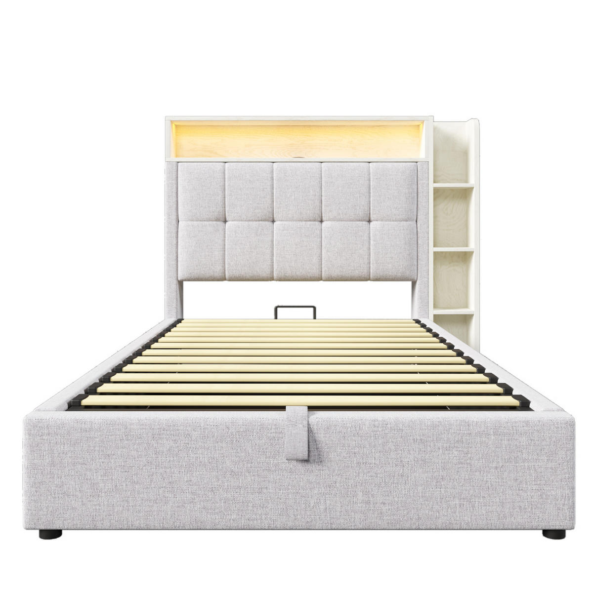 POLSTERBETT 90/200 cm mit USB- und Typ-C-Anschluss, LED-Beleuchtung, Bettkasten und Leinenbezug, Beige - Beige, Textil (90/200cm) - Redom