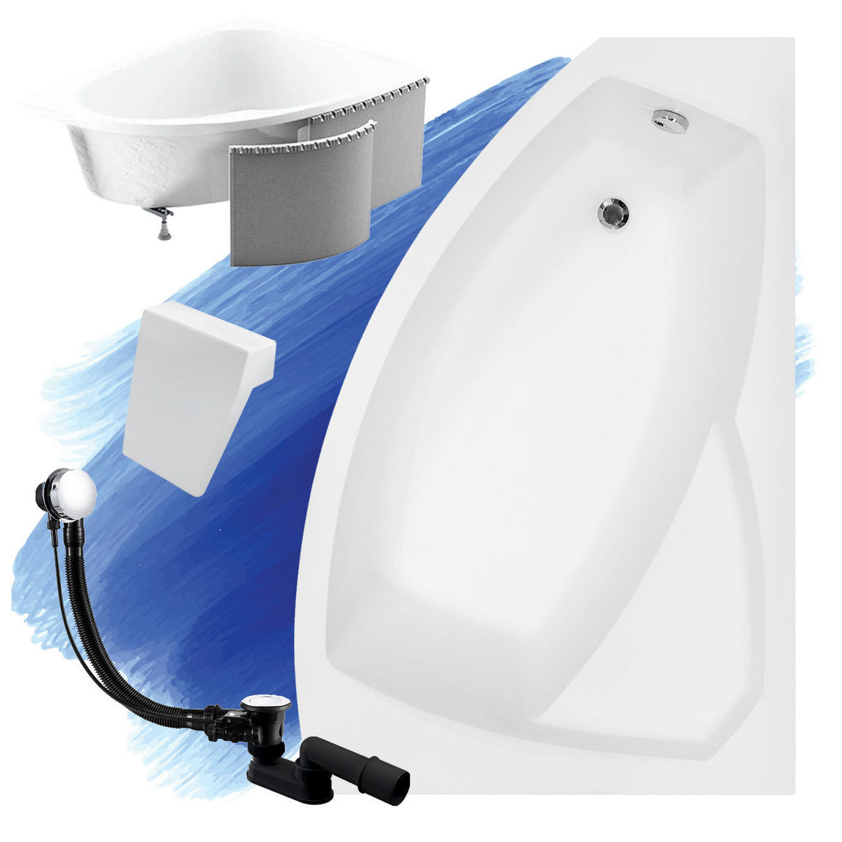 BADEWANNE Eckwanne RIMA 130/85 Rechts mit Styro und weißer Kopfstützen Ablauf Füße - Weiß, Kunststoff (85/58.5/130cm) - bad land