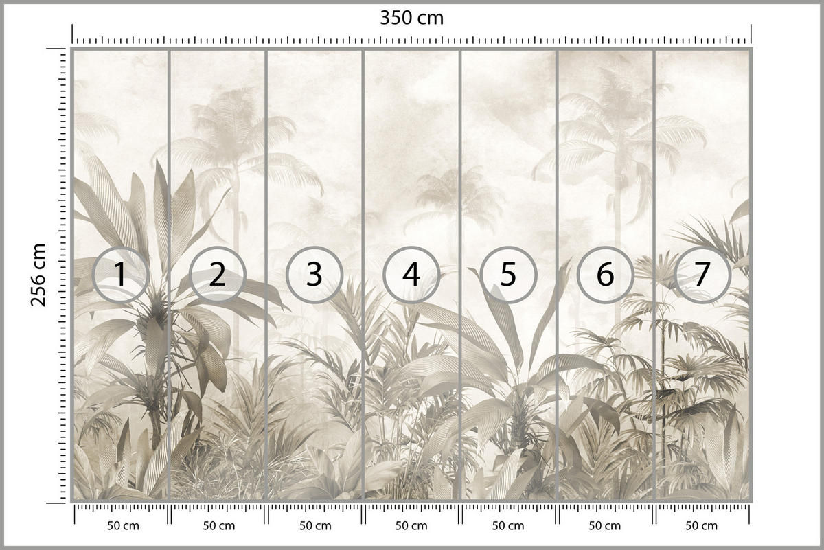 FOTOTAPETE für Wohnzimmer Vintage Tropischer Wald Palmen Blätter 350x256 - Beige/Grau, Papier (350/256cm) - Muralo