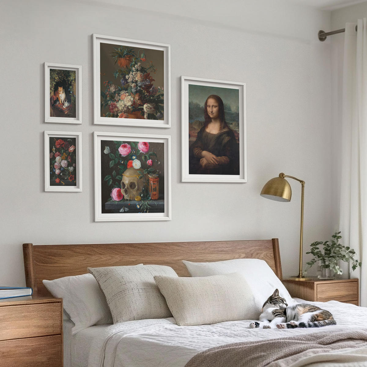 WANDBILDER 5er-Set - 50x50 cm & 20x30 cm & 40x60 cm Weißer Rahmen - Vintage Blumen Totenkopf Mona Lisa - Weiß, Kunststoff (40/60cm) - ArtPrintCave