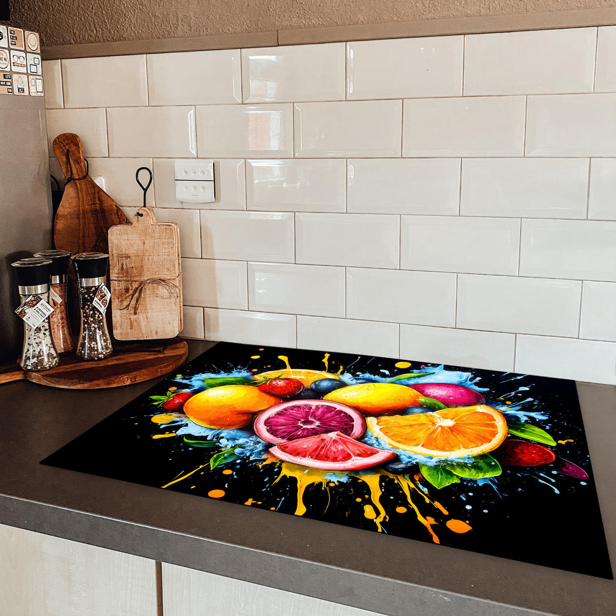 HERDABDECKPLATTE Obst - Graffiti - Bunt - Orange - Erdbeere - Abstrakt 75x52 cm - Orange, Kunststoff (75/0.2/52cm) - MuchoWow