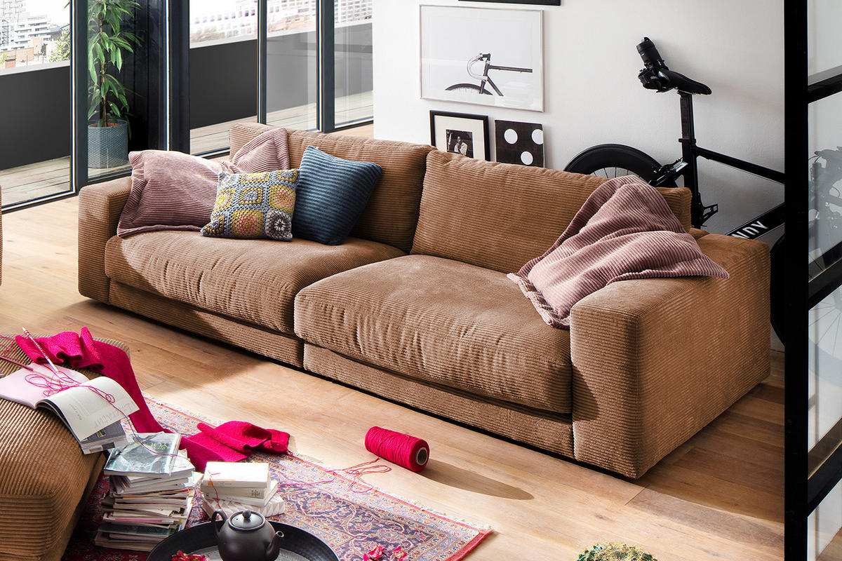 SOFA 3-SITZER MADELINE Braun Cord - Dunkelbraun/Schwarz, Textil (290/85/127cm) - KAWOLA