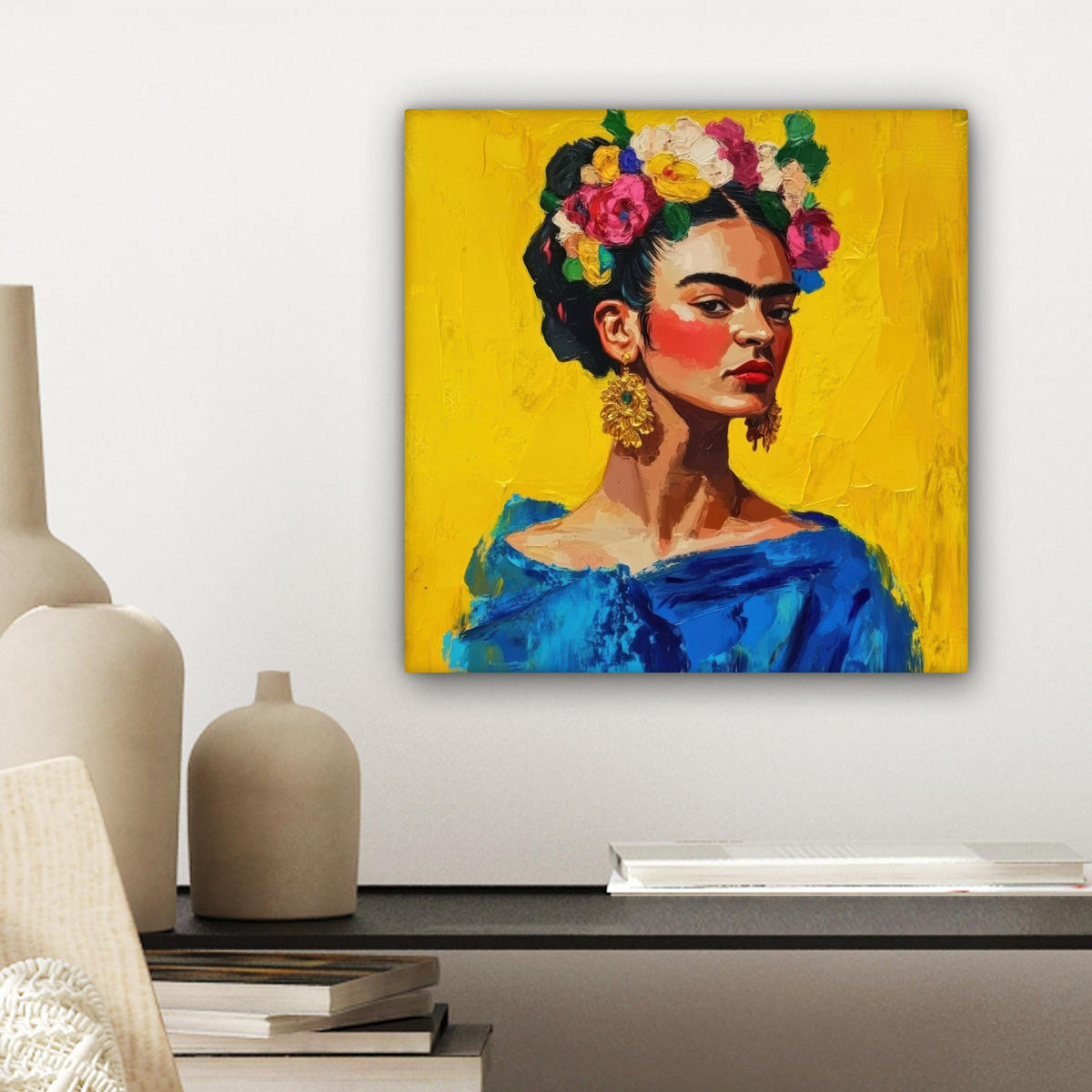 LEINWANDBILD Frida Kahlo - Frau - Gelb - Blau - Blumen Deko Wohnzimmer 20x20 cm - Gelb, Textil (20/20cm) - MuchoWow