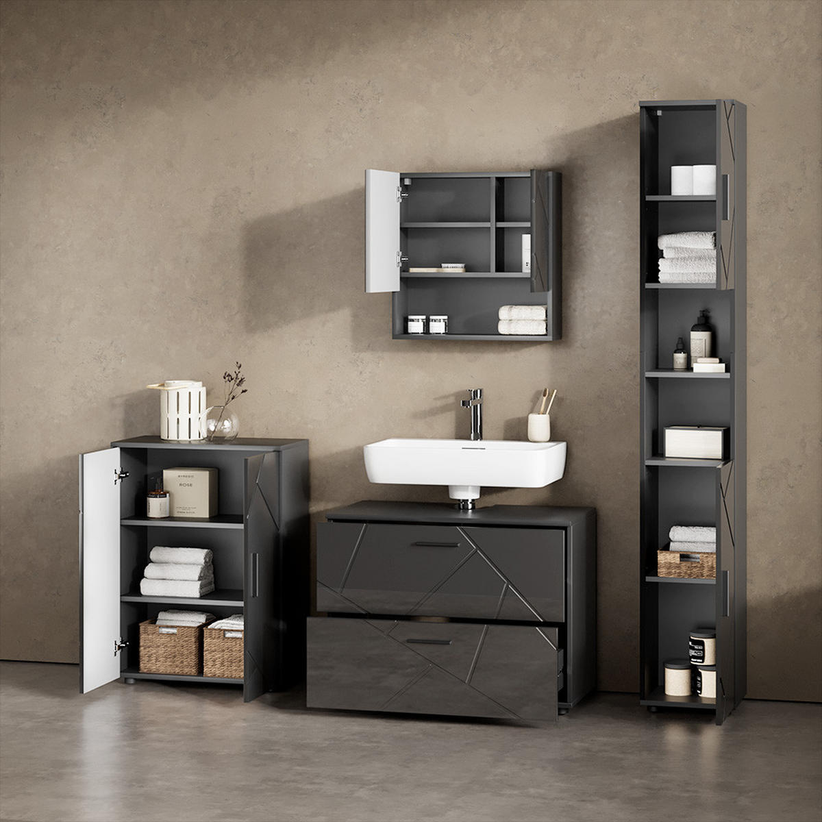 BADMÖBEL-SET Ronco Anthrazit Hochglanz 4 Teile, mit Schubladenschrank und Midischrank - Anthrazit, Holzwerkstoff (80/58/41cm) - Livinity®