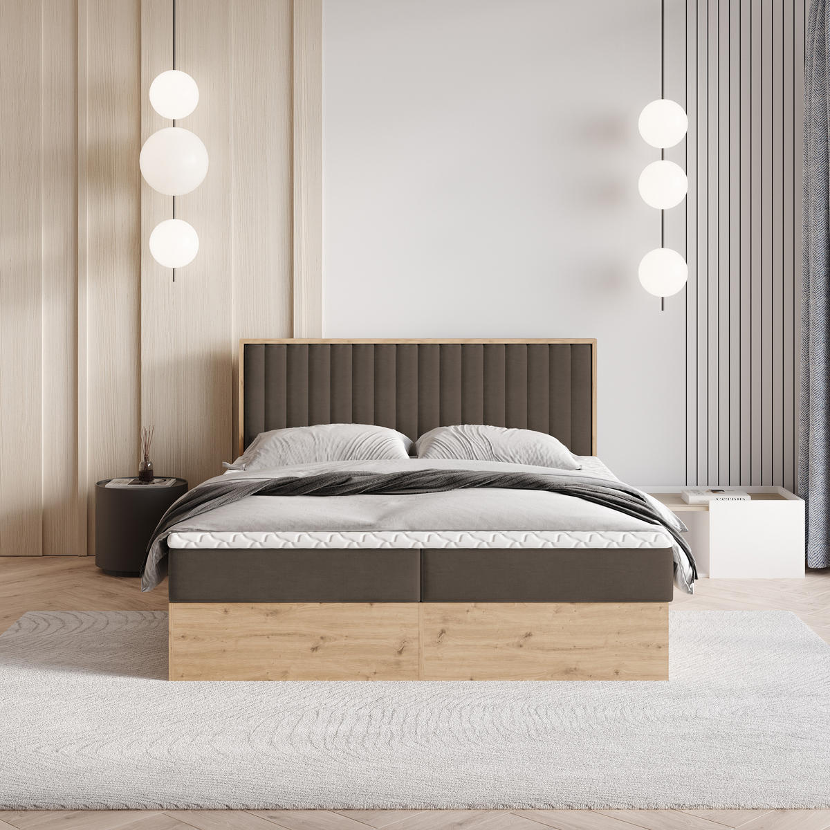 BOXBETT VARELI 160x200 cm mit Matratze und Topper - Braun - Braun, Holz (160/200cm) - MASSENO