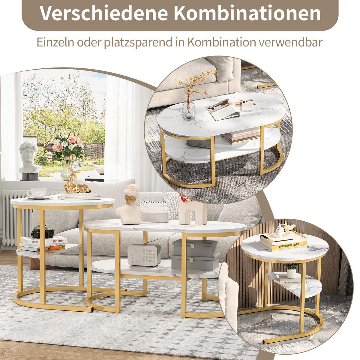 COUCHTISCH-SET DE-37267 2-in-1 Nesting mit Marmoroptik Gold - Weiß, Metall (100/46/41cm) - ComfortXL