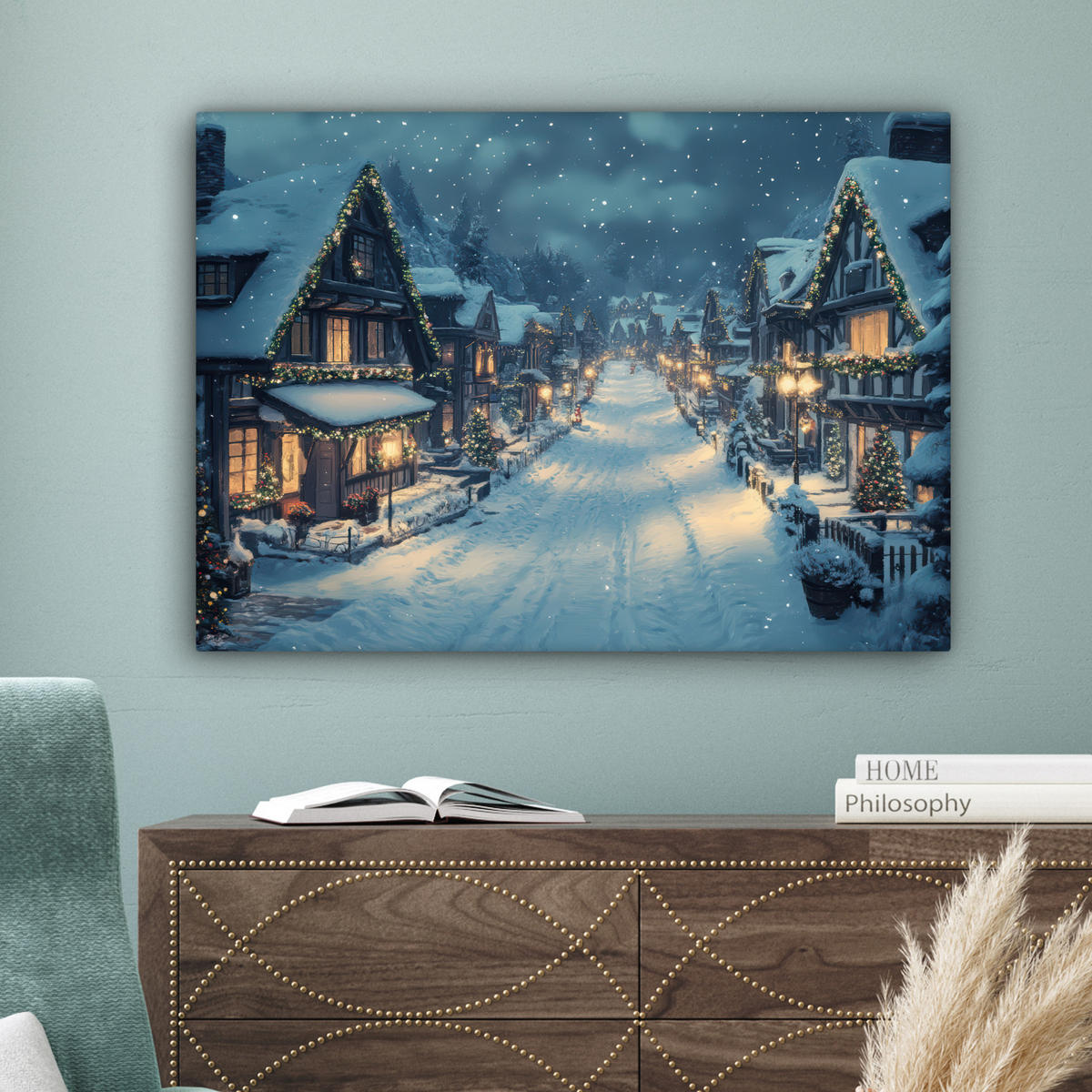 LEINWANDBILD Weihnachtsdorf - Weihnachten - Schnee - Winter Wandbilder 80x60 cm - Dunkelblau, Textil (80/60cm) - MuchoWow
