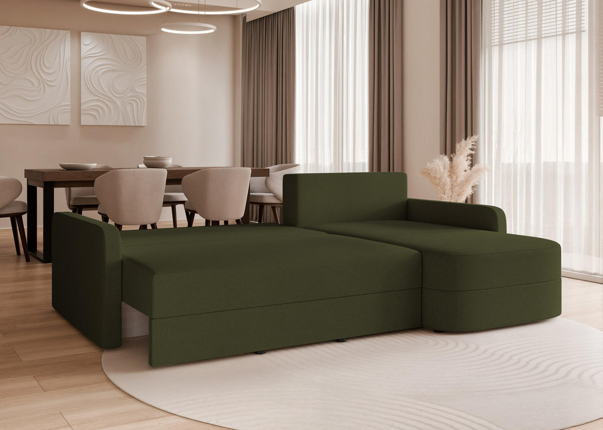 ECKSOFA CERIS mit Schlaffunktion und Bettkasten Grün - Grün, Holzwerkstoff/Kunststoff (250/90cm) - Idohome