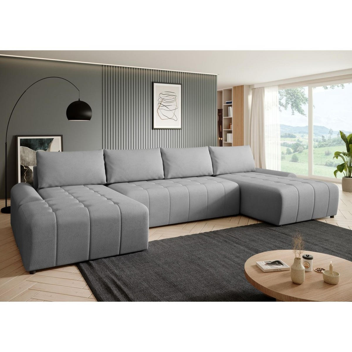 WOHNLANDSCHAFT Costa U Hellgrau, Velours - Hellgrau/Schwarz, Kunststoff/Textil (367/80/169cm) - Beautysofa