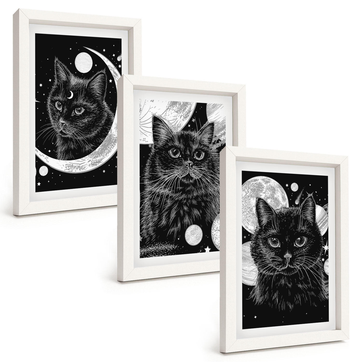 BILDER SET 3er Set - 20x30 cm Weißer Rahmen - Schwarze Katzen, Mond, Weltraum - Weiß, Kunststoff (20/30cm) - TULUP