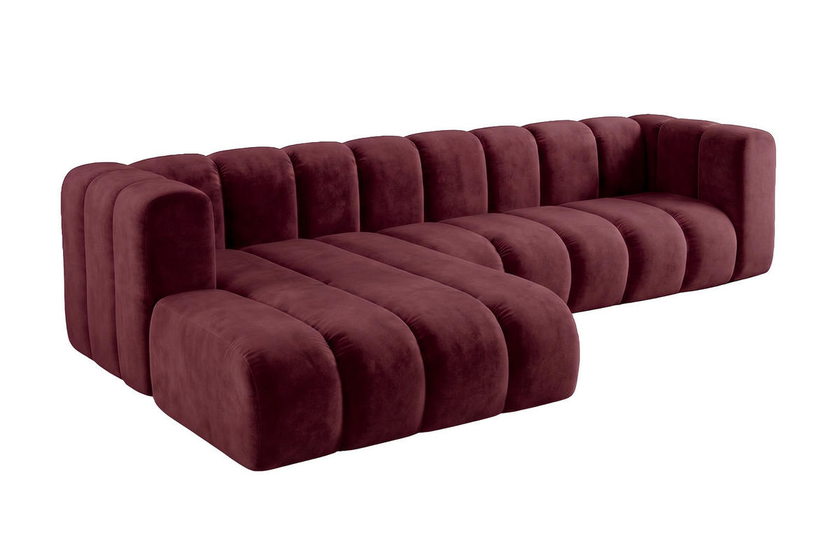 ECKSOFA Modulares In L-Form, Velvet-Stoff Riviera, Rotwein, Links, GRAND 287 cm - Dunkelrot, Holz (287/179cm) - Kaiser Möbel