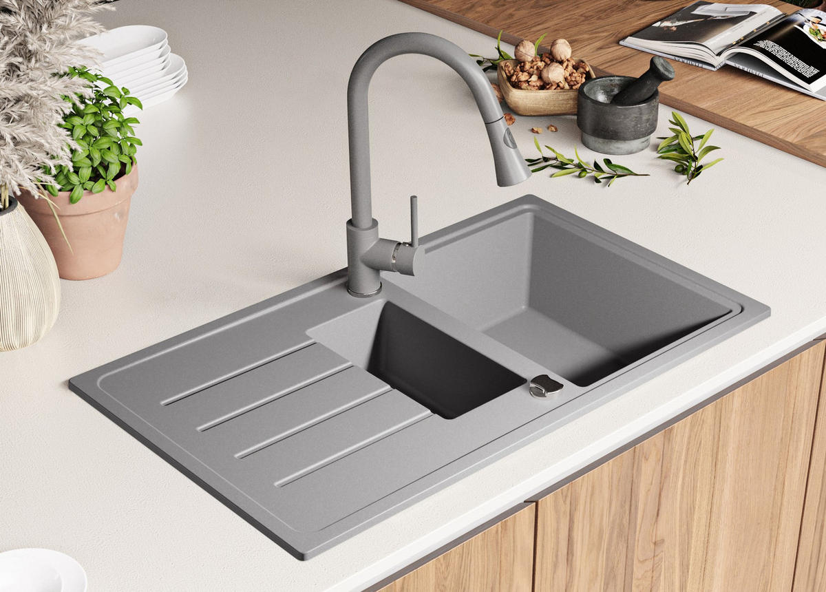 SPÜLBECKEN Kopenhagen Duo, 2-er set Grau 90/50 cm 1,5 Becken + Ablauf-Set ab 60er Unterschrank - Chromfarben/Grau, Kunststoff (90/19/50cm) - Primagran