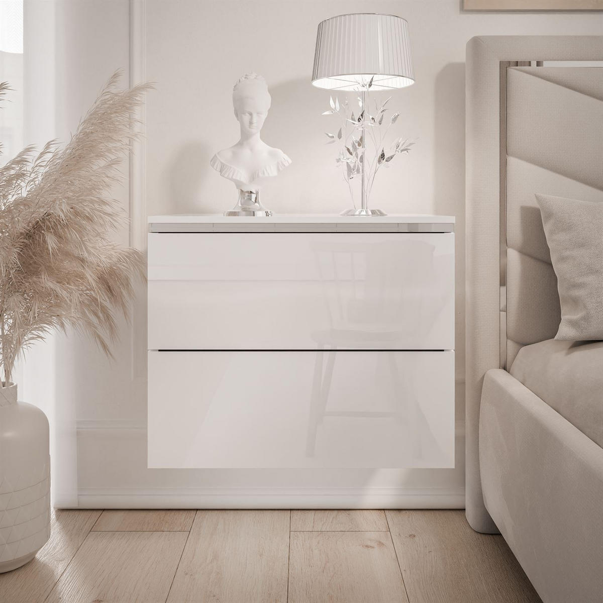 NACHTTISCH AURORA II SILVER Hochglanz Weiß mit LED-Beleuchtung – Hängend - Weiß Hochglanz, Holzwerkstoff (50/40/37cm) - Lookway