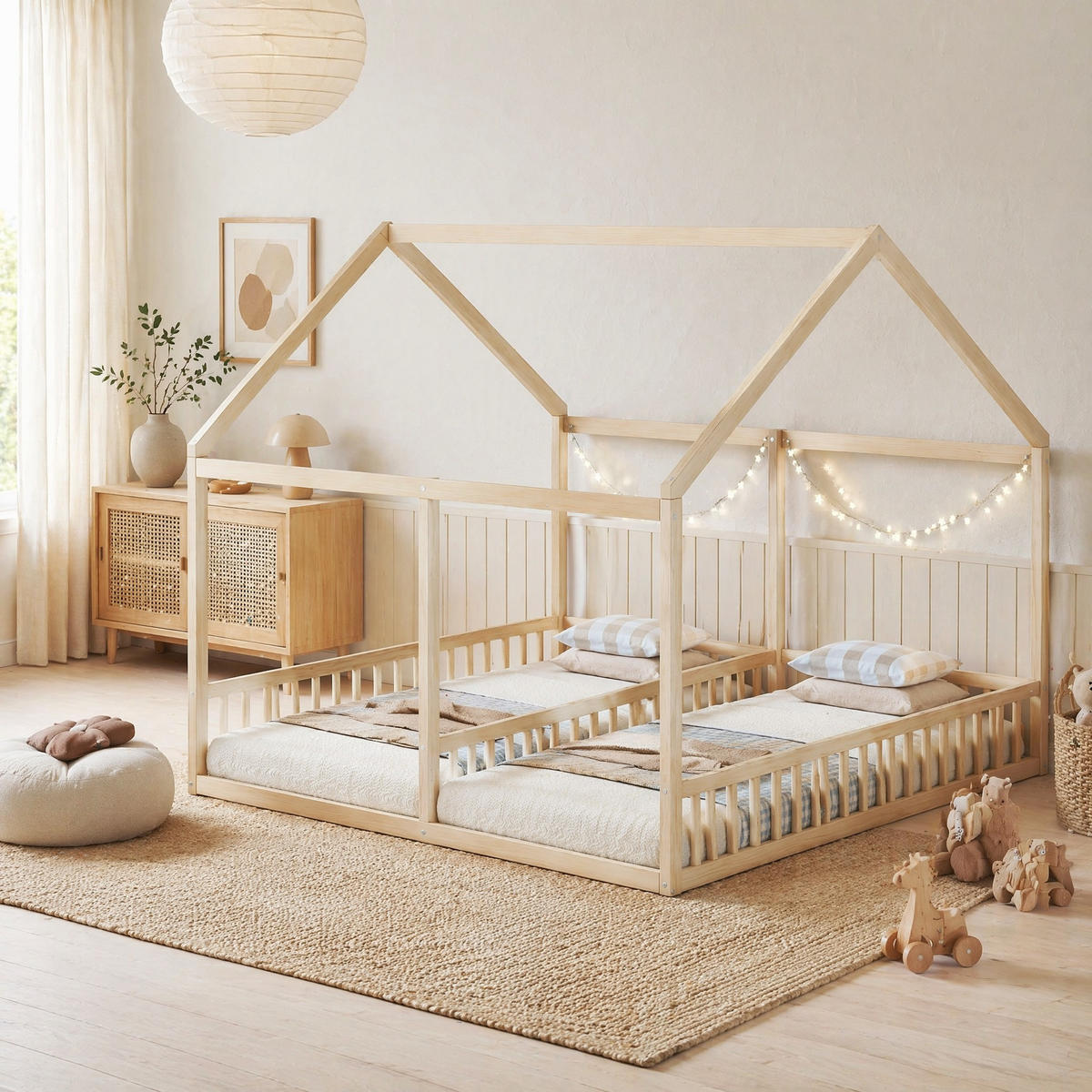 HAUSBETT 90/200 mit Hausdesign und Sicherheitsgeländer in Natur - Naturfarben, Holzwerkstoff (90/200cm) - EVRYAE