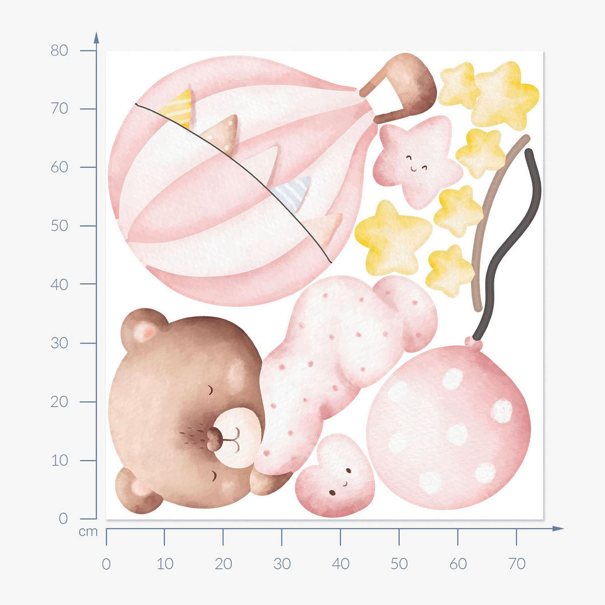 WANDAUFKLEBER 80x74cm - Teddybär-Luftballons und Sterne - Multicolor, Kunststoff (80/74/0.1cm) - Wallfluent