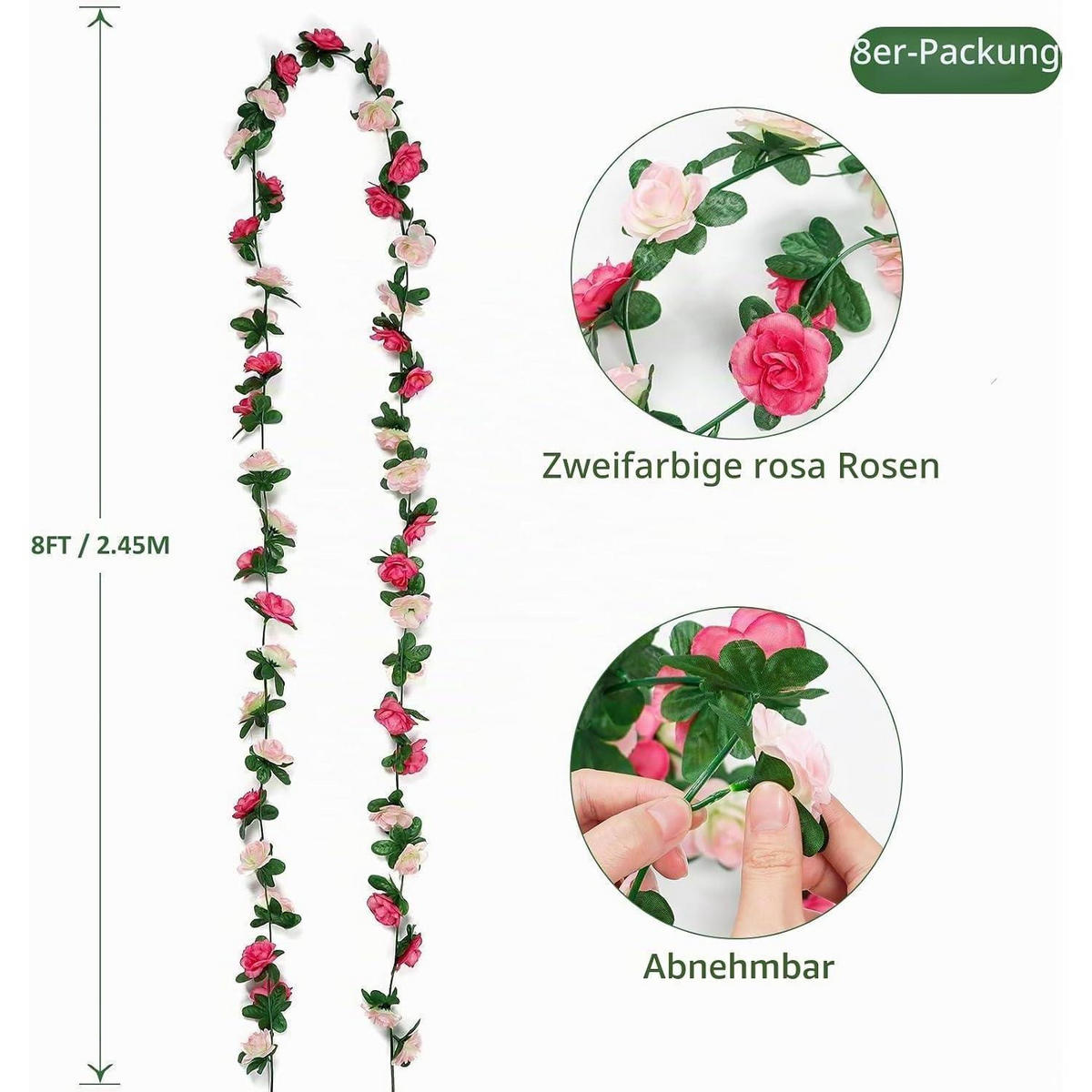 KÜNSTLICHE Blumengirlande 8-teiliges Set Rosa Rosen 2,45 m - Multicolor, Kunststoff (5cm)