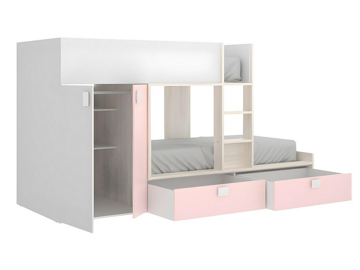 ETAGENBETT - 2 Personen - holz - puderrosa, weiß Juanito - Hellrosa/Weiß, Holz (90/190cm) - Vente-Unique