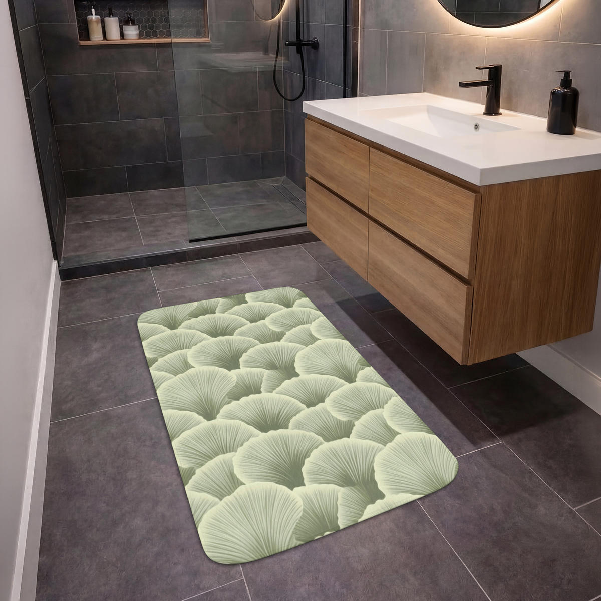KOUPELNOVÁ PŘEDLOŽKA Vějíř - list - zelený 60x90 cm - pastelově zelená, textil/plast (60/90cm)