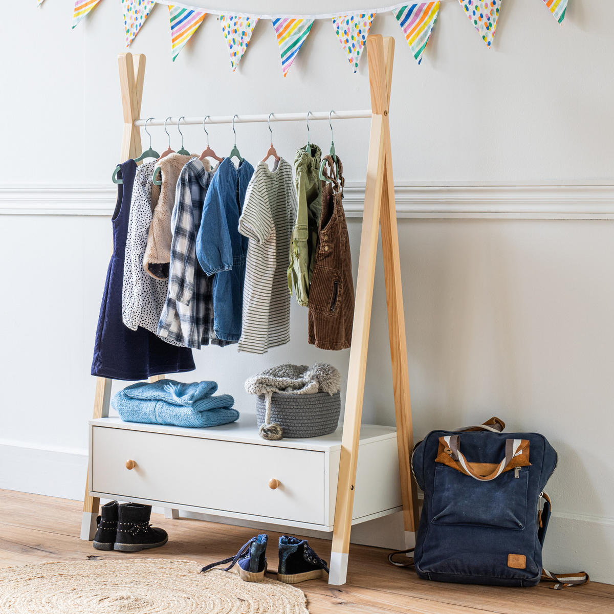 KINDERGARDEROBE Lou Weiß und Holz - Weiß, Holzwerkstoff (40/130/80cm) - Happy Garden